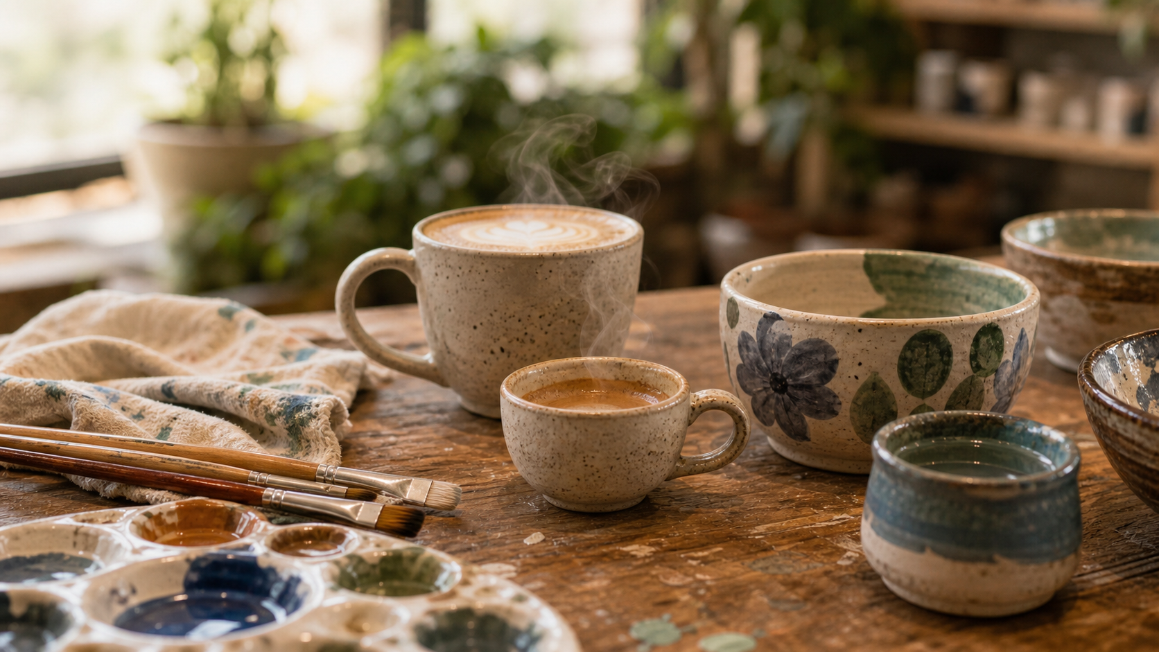 Pinceaux et couleurs sur une table de l'atelier
